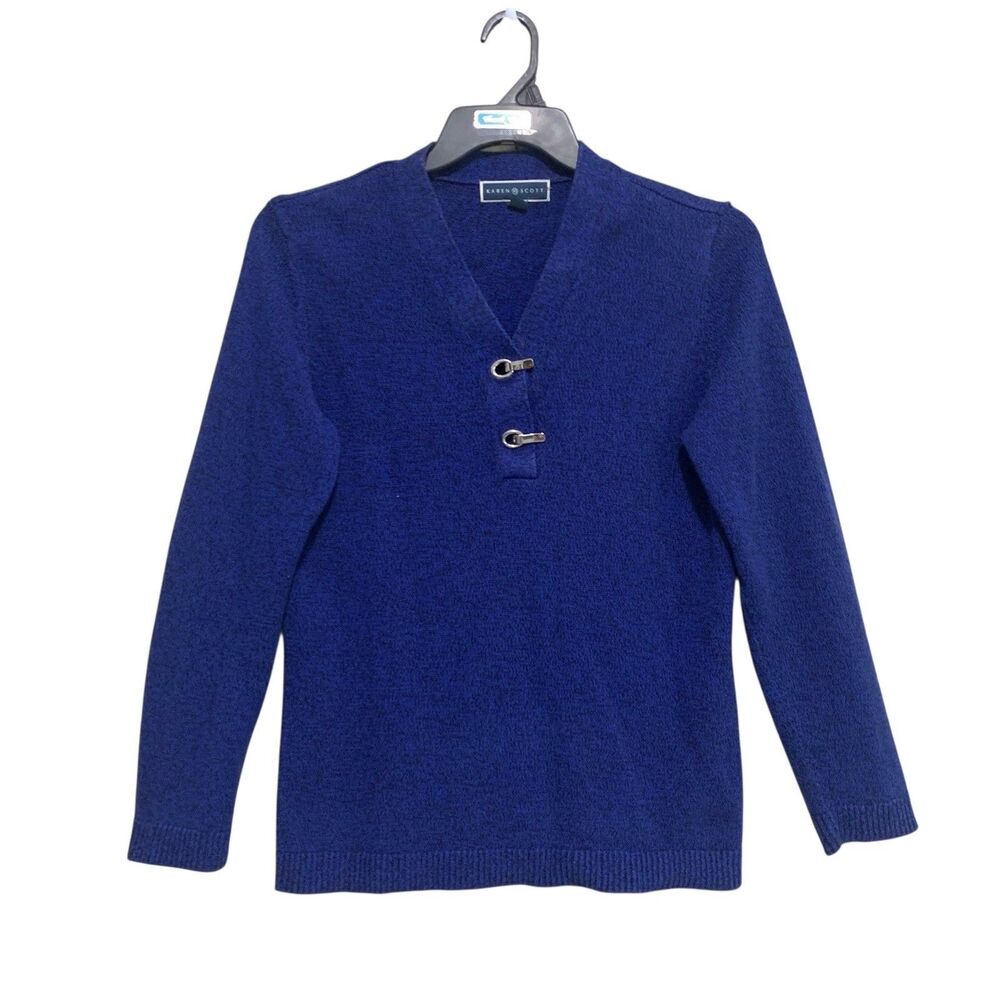 Karen Scott Sweater Womens Size Medium Blue Black Marl V-Neck Hardware Henley